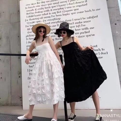 French palace vacation Square cow pleated slash neck dress summer walnut shell milk white texture cute suspender dress F1587