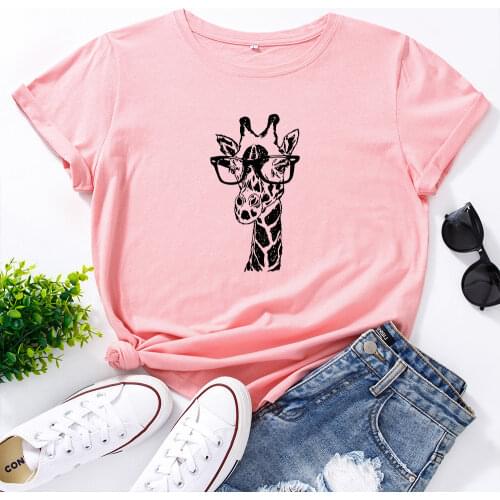 Cute Animal Giraffe with Eyeglass Graphic Tees for Women Cotton Short Sleeve Tee Woman T-Shirts Female Shirt Tops Summer Clothes