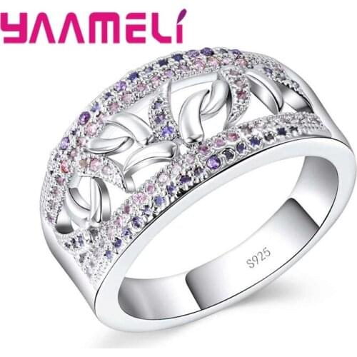 Hot Sale Engagement Wedding Band Ring Shiny 925 Sterling Silver Pink Purple CZ Crystal Paved Inlay High Quality Jewelry