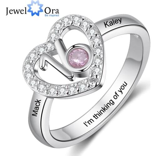 JewelOra Personalized Birthstone Heart Rings for Women Customized Engraved Name Ring with Zirconia 16 Years Old Birthday Gifts