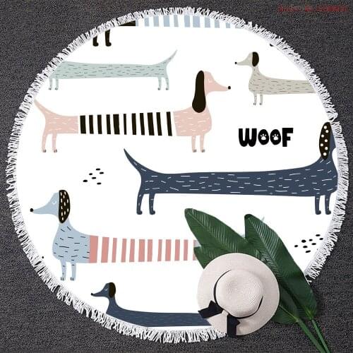 3d Print Round Beach Towel Cartoon Dachshund Woof Bath Towel with Tassel Kid Women Yoga Travel Mat 150cm Decor Towel