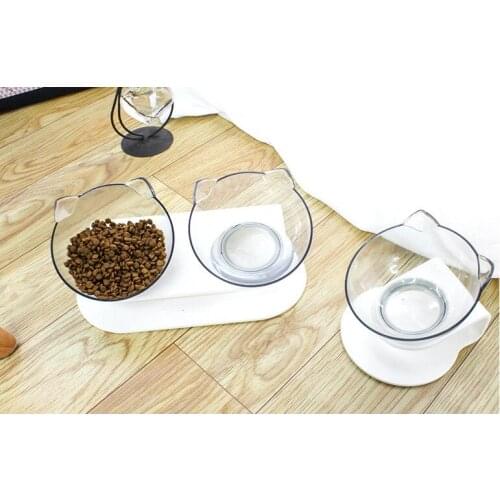 Pet Bowl Double Bowl Cat Food Bowl Water Bowl Cat Bowl Rack Dog Bowl Transparent Plastic Universal Oblique Spine Care Qianyi