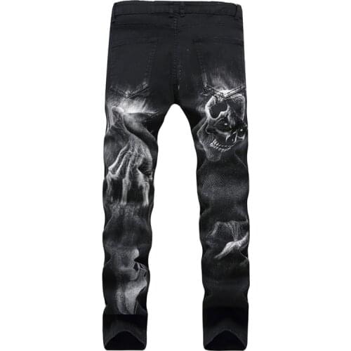 Fashion Hipster Streetwear Wolf Head Printed Jeans Mens Straight Black Denim Pants Slim Fit Male Casual Strech Cowboys Trousers