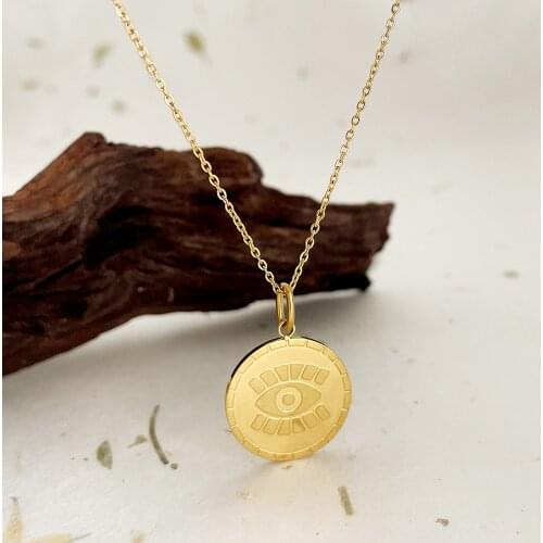Monlansher Trendy Geometric Round Eye Coin Pendant Necklace Titanium Steel Thin Chain Necklace Minimalist Necklaces Jewelry Gift