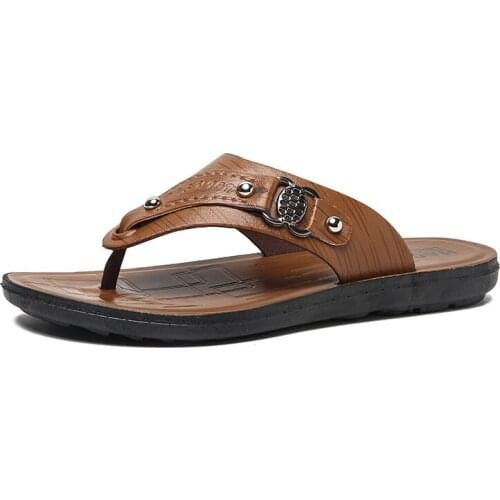 New Summer 2021 Men Slippers Fashion Beach Sandals Comfy Leather Men Casual Shoes Non-slip Flip Flops T-Strap Open Toe Slippers