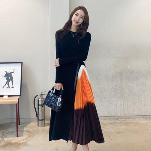 New arrival fashion korean winter midi dress women OL professional temperament o-neck long sleeve knitted bouncy a-line dress