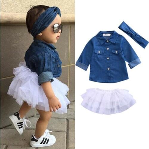 Newborn Kids Baby Girl Outfits Clothes Denim Top Shirt Tutu Dress Headband Sets
