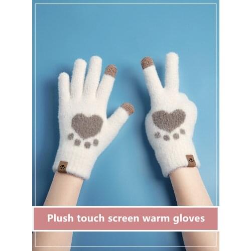 Autumn and Winter Women Touch Screen Cat Paw Pattern Warm Split Finger Gloves with Fleece Outdoor Cold-Proof Full-Finger Gloves