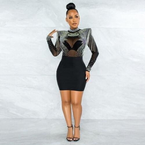 Sheer Mesh Rhinestones Spliced Pencil Dress Classy Women Long Sleeve See Through Slim Dresses Elegance Body-shaping Vestidos