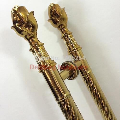 Rose flower head glass door luxury handles , wooden door handle titanium gold color 800mm