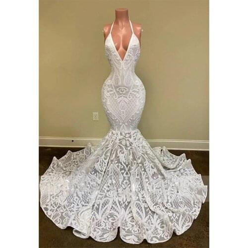 2021 Mermaid Prom Dresses Halter Lace Sequined Backless Evening Dress Custom Made Special Occasion Gowns Plus Size