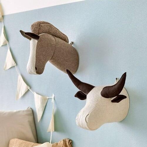 W3JE 3D Felt Cloth Stuffed Animal Heads Elephant Water Buffalo Horse Dog Rhino Head Wall Hanging Children Room Decor Toy Gift