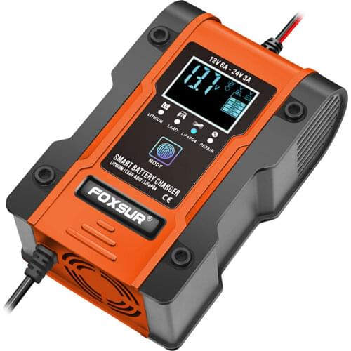 12V 24V 6A Car Battery Charger Pulse Repair 7-Stage Charger For Lithium Iron Lead Acid Lithium Battery Motorbike Charger