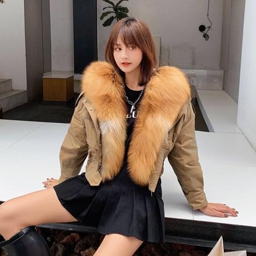Women short Parka Coat with Huge Real Fox Fur Collar 2020 Winter Warm Design Natural Fur Hooded Outerwear