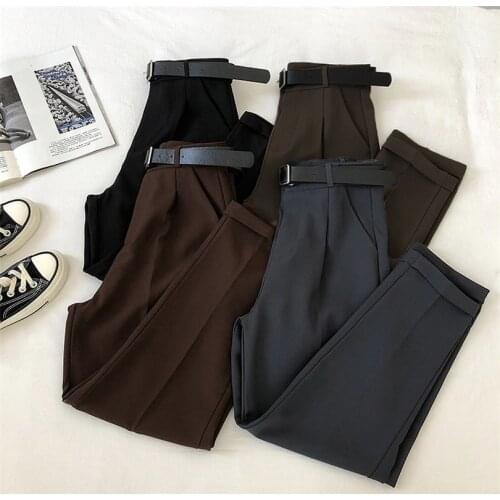 2021 Korean Office Lady Work Leisure Suit Pants Solid High Waist Casual Trousers Women With Sashes Ankle-Length Harem Pants 2105