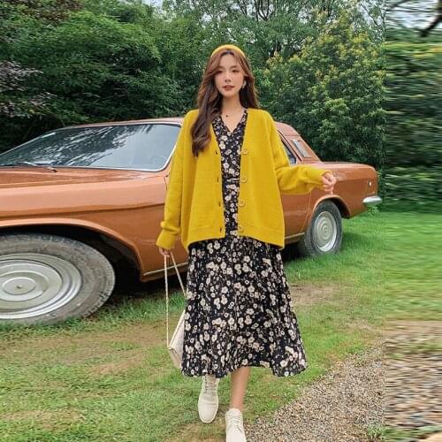 Women 2021 Autumn Winter Cardigan Two Piece Set Elegant Long Sleeve Knitted Sweater and Floral Long Dress Female 2 Piece Suit