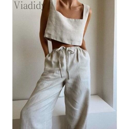 Women Solid Color Square Neck Crop Top and High Waist Lace Up Wide Leg Pants 2pcs Set