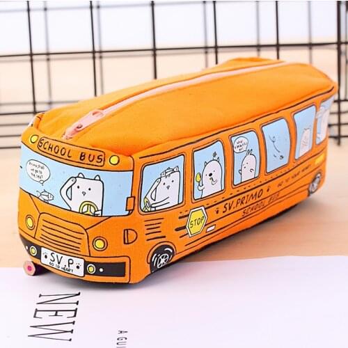 1 pcs Kawaii Creative School Bus Pencil Case Large Capacity Cartoon Animal Canvas Pencil Bag Box School Supplies
