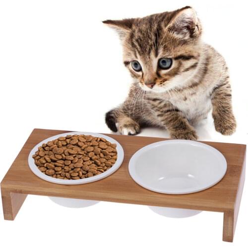 1pc Pet Ceramic Feeding And Water Bowls Cat Bowls With Stand Dual Ceramic Cat Food Bowl With Bamboo Frame For Dogs And Cats Pets