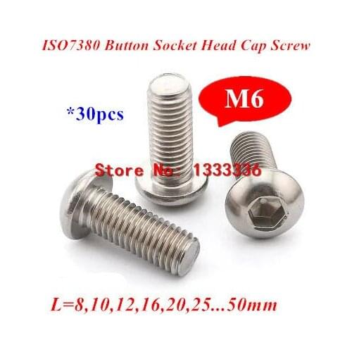30pcs M6 ISO7380 A2-70 Stainless Steel 304 Round Head Screws Hexgon Socket Button Head Cap Screws M6*8/10/12/16/20/25/30/50mm