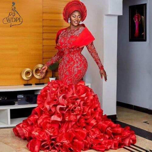 Aso Ebi African Mermaid Evening Dresses 2021 New Beaded Long Sleeve Ruffled Bridal Gown Formal Prom Dress Plus Size Custom Made