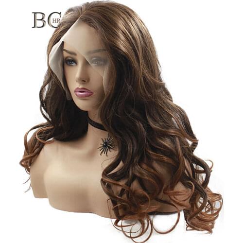 BCHR Long Wavy Lace Front Wigs Ombre Handmade Synthetic Dark Brown Color High Temperature Fiber Wig Free Shipping