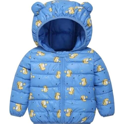 2021 new childrens down cotton jacket boys and girls autumn and winter cartoon dinosaur print lightweight hooded cotton jacket