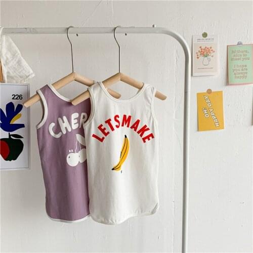 2021 Hot Summer Female Childrens Cotton Baby Child Long Design Letter Cherry Banana Print Sleeveless Kids Girls T-Shirt Dress