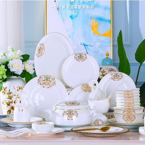 60 Heads Jingdezhen Bone China Dinner Tableware Rice Bowl Soup Bowl Salad Noodles Bowl сервизы фарфор Plate Dish Bowl Dinnerware