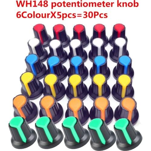30pcs 6color WH148 potentiometer knob cap(copper core) 15X17mm 6mm Shaft Hole AG2 Yellow Orange Blue White Red 6color*5PCS=30PCS