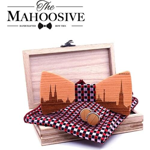 Mahoosive France Bordeaux Skyline Wooden Bow ties Bowtie Butterfly Gravata Skyline Ties For Men Cufflinks Handkerchief Set Wine