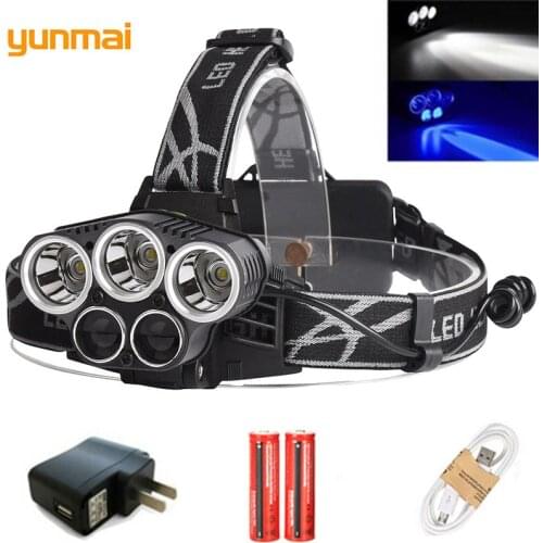 Yunmai Blue&White Light Headlight 15000 LM Waterproof 5 LED Headlamp 3*new-T6+2*Q5 Head Flashlight USB Rechargeable Fish Lantern