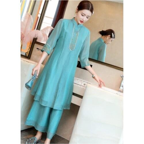 New spring Chinese retro design ethnic embroidered cheongsam top+wide leg trousers two pieces tea style casual set for women