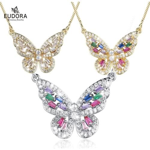 EUDORA gold silver color Butterfly Pendant necklaces Crystal Birthstone Butterfly chain Necklace For women birthday best Gift