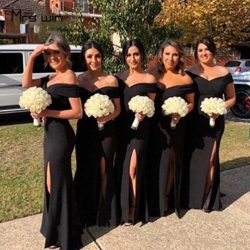 Mrs win Bridesmaid Dresses Black Off Shoulder Side Split Elegant Wedding Guest Dresses HR300 Mermaid Long Vestido Madrinha 2020
