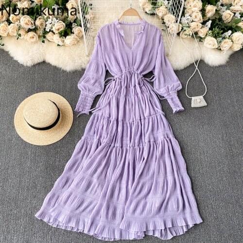 Nomikuma Bohemian Holiday Dress Women 2021 New V Neck Drawstring Lace Up Slim Waist A Line Dresses Solid Color Vestidos Mujer