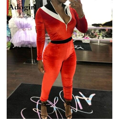 Colorful Patchwork Velvet Tights Bodycon Velvet Jumpsuit Women Front Zipper O Neck Long Sleeve Pencil Pants Casual Overalls
