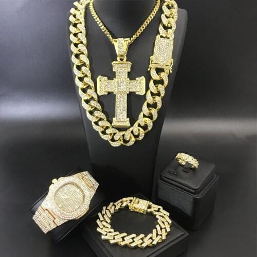 Luxury Men Gold Color Watch & Neckalce & Braclete & Ring Combo Set Ice Out Cuban Jewerly Hip Hop Crystal Miami Necklace For Men