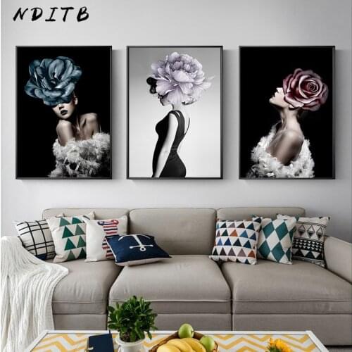 Scandinavian Flower Woman Wall Art Canvas Print Abstract Poster Painting Decoration Picture Nordic Modern Living Room Decor
