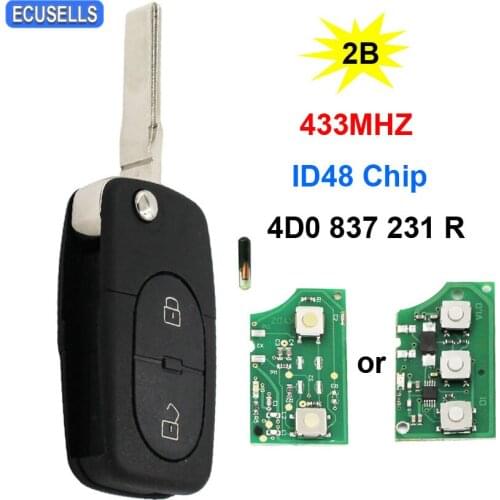 2 Button Folding Flip Remote Car Key Fob 433MHZ ID48 Chip 4D0 837 231 R 4D0837231R For Audi A3 A4 A6 Quattro HU66 Uncut Blade