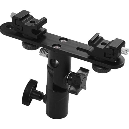 T-shaped Dual Flash Bracket Speedlite Stand Mounts 1/4 Inch to 3/8 Inch with 2 Cold Shoe Mount Umbrella Hole for Canon Flash
