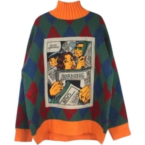 Knit Turtleneck Sweater Men Women Rhombus Shape Hip-hop Pullover Cartoon Applique Casual Street Sweater 2021 Autumn Winter New