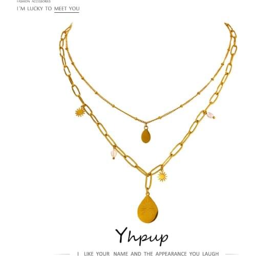 Yhpup Exquisite Stainless Steel Water Drop Layered Pendant Necklace for Women Charm Metal 18 K Natural Pearl Choker Necklace