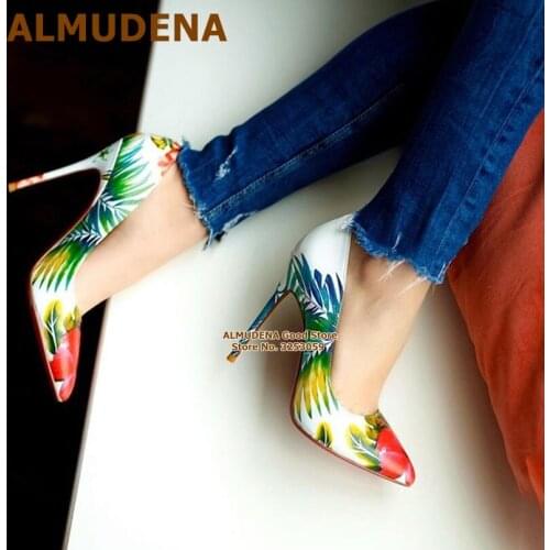 ALMUDENA Banana Leaf Red Flowers Printed High Heels 12cm Pointy Toe Patent Leather Floral Wedding Dress Shoes Size45 Women Pump