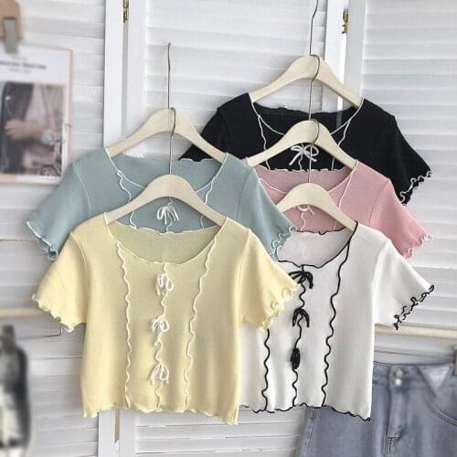 Women O Neck Knitting Tops Casual Summer Slim Short Sleeve Knitted Shirts Casual Fashion T-Shirts Tees