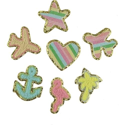 2021 New 3D Colorful Heart Star Anchor Coconut Plane Flamingos Chenille Embroidered Patches Iron on Embroidery Stick On 10pcs