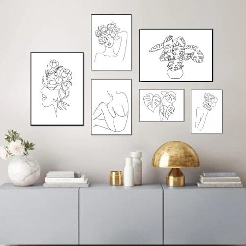 Nordic Abstract Woman Line Poster Prints Minimalist Plants Leaves Canvas Painting Wall Art Pictures Apartment Bedroom Home Decor