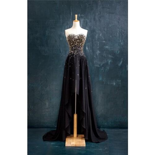 Free ship 100%real hi-lo black major hand sewing beading dress