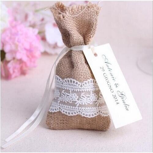 Free Shipping 50pcs/lot Size 9x16CM Rustic Small Candy Jute Sacks Handmade Burlap Lace Bags Wedding Gifts Favor Pouch Bags