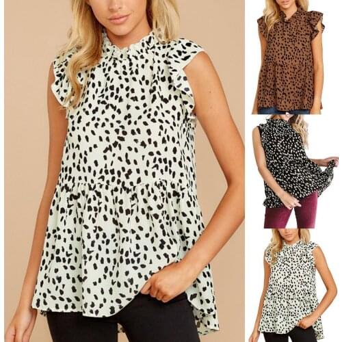 Dot Print Sleeveless Blouses Women Ruffle Neck Shirts Blouses for Women Elegant Sleeveless Shirts Ladies Tops femme Blusas